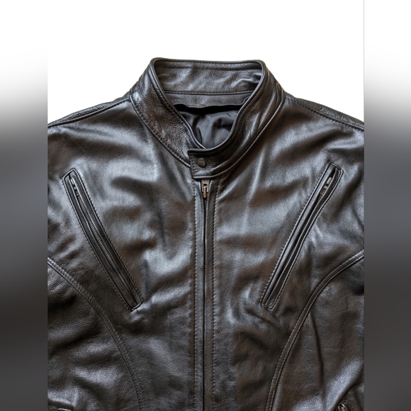 Black Leather Motorcycle Jacket Zippered Riding Jacket Mens Moto Jacket 2XL - Picture 6 of 12